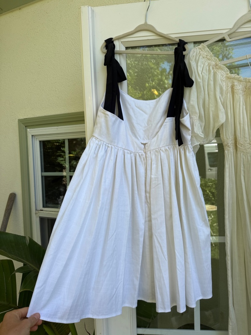 White linen stone cold fox Sundress with Black Ties silk shoulder ties. - Picture 2 of 2